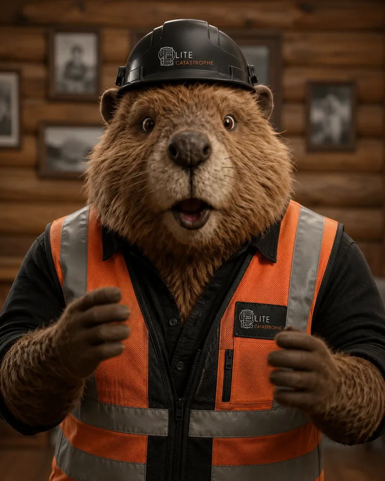 Bam, the Elite Catastrophe beaver mascot, in a hard hat and safety vest